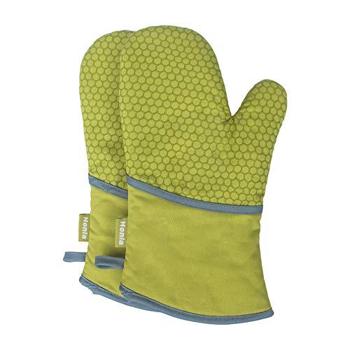 Honla Kitchen Oven Mitts with Non Slip Silicone Printed,1 Pair of Heat Resistant Oven Gloves for Cooking,Baking,Grilling,Barbecue Potholders,Green