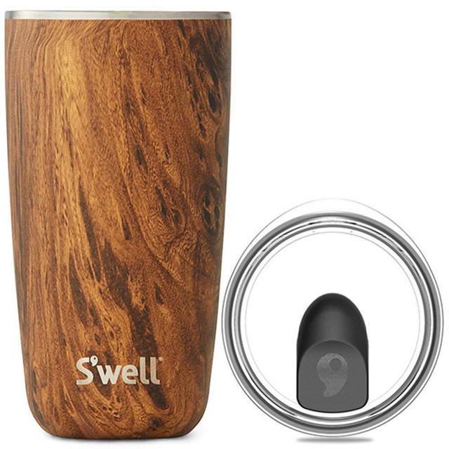 S'well Stainless Steel Tumbler with Clear Slide-Open Lid-18 Fl Oz-Teakwood Triple-Layered Vacuum-Insulated Containers Keeps Drinks Cold for 12 Hot for 4 Hours-BPA-Free Water Bottle, 18 oz
