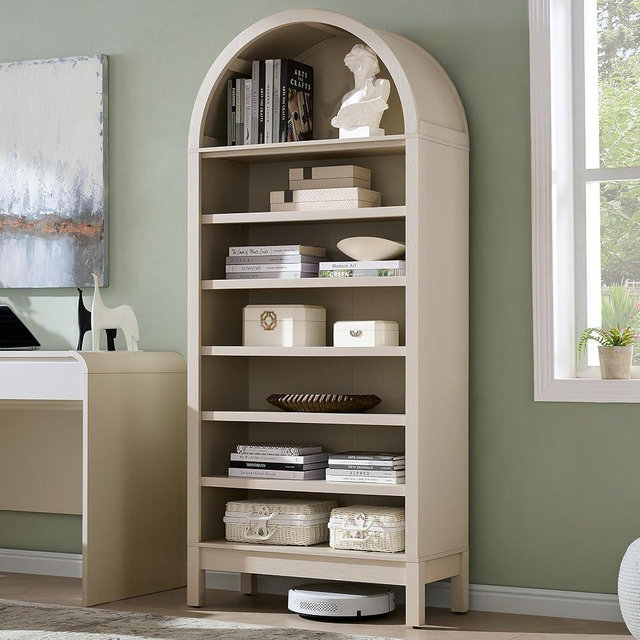 IFGET 71" Tall Arched Bookshelf, 7 Tiers Arch Bookcase with Storage, Modern Farmhouse Book Shelf with Adjustable Shelves, Wood Bookshelf w/Open Display Shelves for Living Room, Office (Cream)