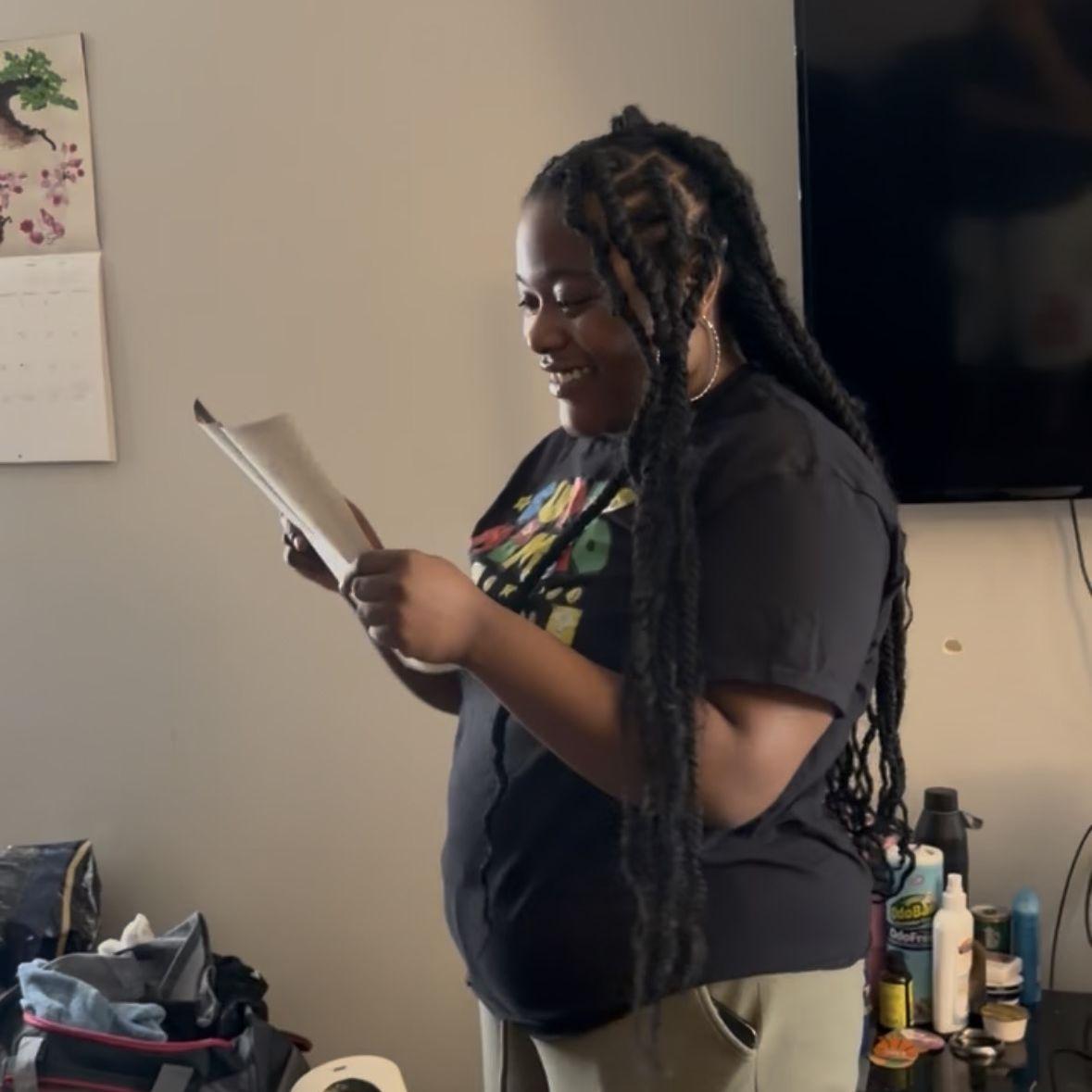 Deedi accepting her bridesmaid box!