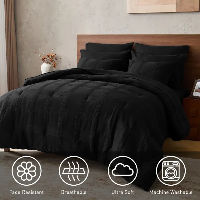 3Pcs Woven Stripe Texture Comforter Set, Premium Touch Solid Color Bed Set with Matching Shams, Black, Full/Queen