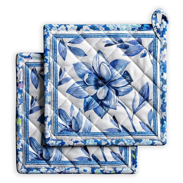 Maison d' Hermine Pot Holder 100% Cotton Easter Heat Resistant Hot Pads with Loop Set of 2 Potholder for Grilling Microwave Barbeque, Handling Hot Pans, Summer Blues - Spring/Summer (8 Inch x 8 Inch)