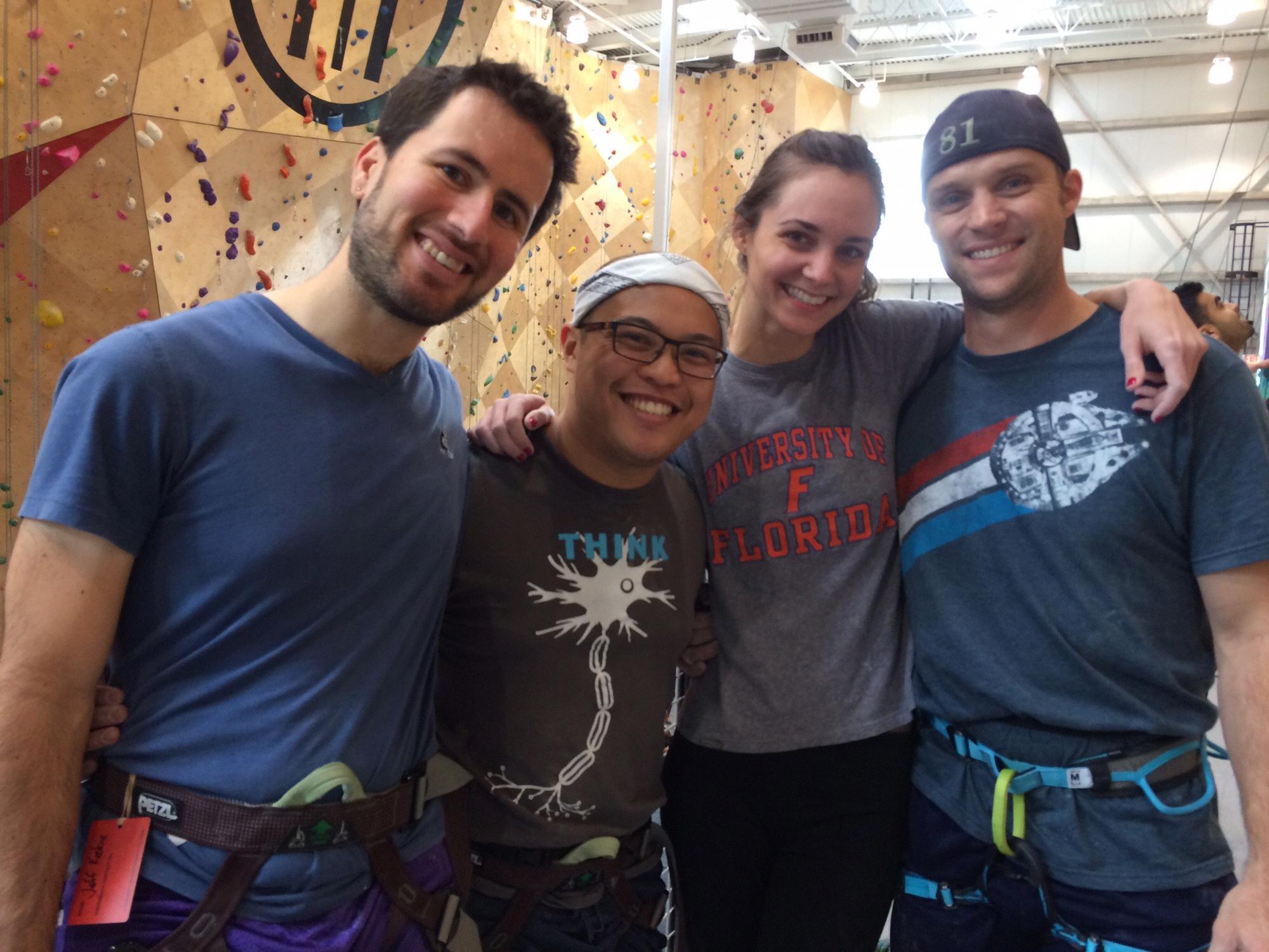 Rock climbing with friends at Brooklyn Boulders (Chicago, IL).