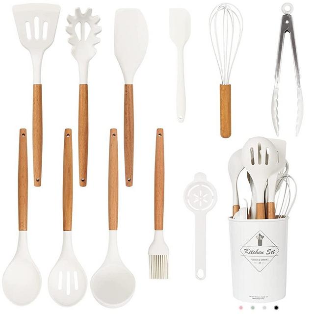 White Kitchen Utensils Set-12 Pieces Silicone Cooking Utensils Set with Wooden Handle (Dishwasher Safe) 392°F Heat Resistant Spatula Set, Nonstick Cookware,Best Kitchen