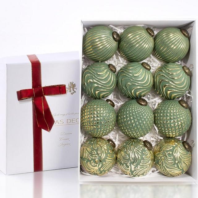 12PCS Christmas Ball Ornaments, Rustic Christmas Tree Decorations, 3.15" Vintage Farmhouse Hanging Ornaments for Christmas, Parties, Weddings and Home Decor (Green)