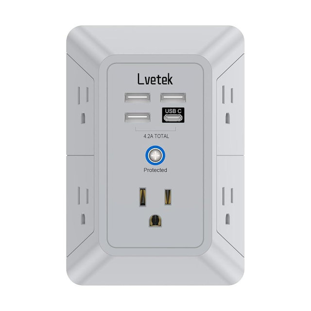 Outlet Extender, Surge Protector Outlet with 5-Multi Plug Outlet and 4 USB Ports(1 USB C), 3-Sided 1680J Power Strip Wall Charger, Multiple-Plug Outlet Splitter for Home Travel Office,ETL Listed,Grey