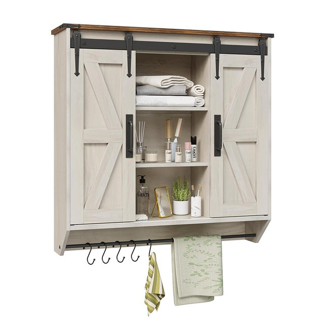 Trironsun Farmhouse Medicine Cabinet 2 Sliding Barn Doors 3 Tier Rustic Wood Wall Storage Cabinet Adjustable Shelf Towel Bar Wall Mounted Bathroom Wall Cabinet (Antique White, 30.71 Inch)