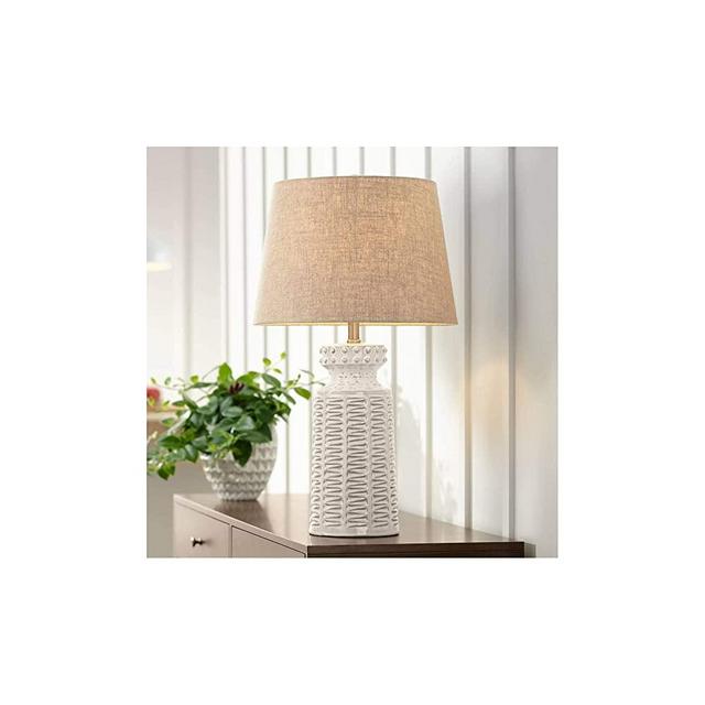 Helene Country Cottage Table Lamp Ceramic Rustic Cream White Glaze Linen Tapered Drum Shade for Living Room Family Bedroom - 360 Lighting