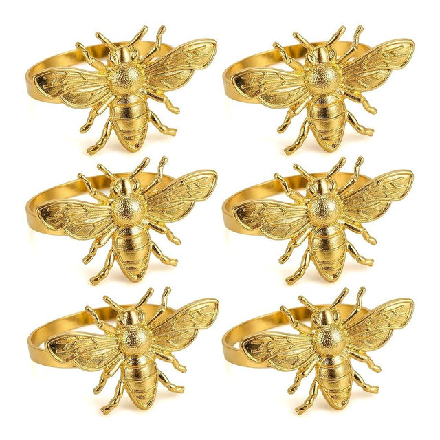 6pcs Gold Bee Napkin Rings Dinner Table Setting Metal Easter Napkin Buckles Bees Napkin Holders Alloy Napkin Ring Baby Shower Birthday Wedding Party Favor
