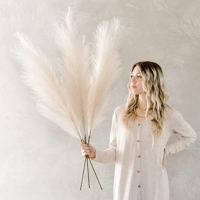Faux Pampas Grass, 3 Stems (43") Large Luxury Boho Artificial Dried Pompous Grass Living Room Vase Home Decor, Tall, Fake, Fluffy Faux Pampass Grass, Dry/Natural Pompas Plant Alternative (Beige)