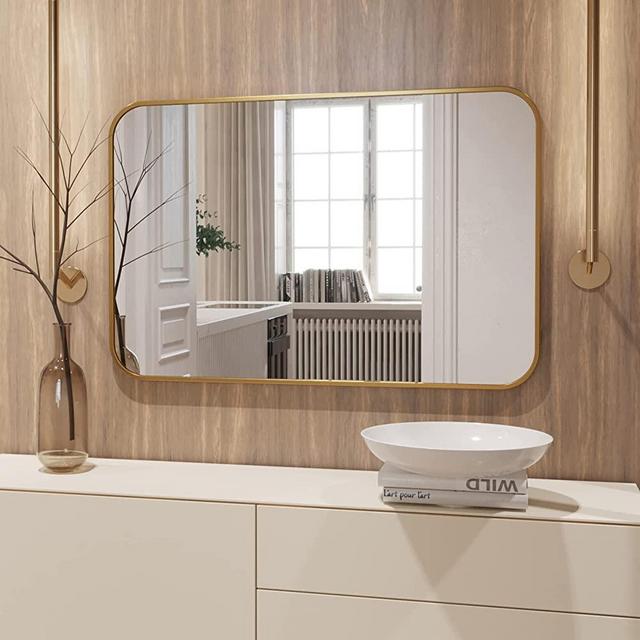 BEAUTYPEAK Wall Mirror 26" x 38" Rectangular Rounded Corners Mirror with Aluminum Alloy Frame Hanging Mirror for Living Room Bedroom Bathroom Entryway, Hangs Horizontal or Vertical, Gold