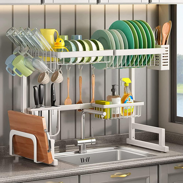 Over The Sink Dish Drying Rack, White Adjustable (26.8" to 34.6") 2 Tier Dish Drying Rack for Kitchen Counter with Utensil Sponge Holder Sink Caddy Cup Holder