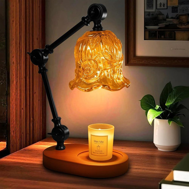 YWYWLED Candle Warmer Lamp, Dimmable Wax Melting Warmer with Adjustable Height, Bedroom Living Room Home Decor, Birthday Relaxation Gifts for Women (Amber, Flower)