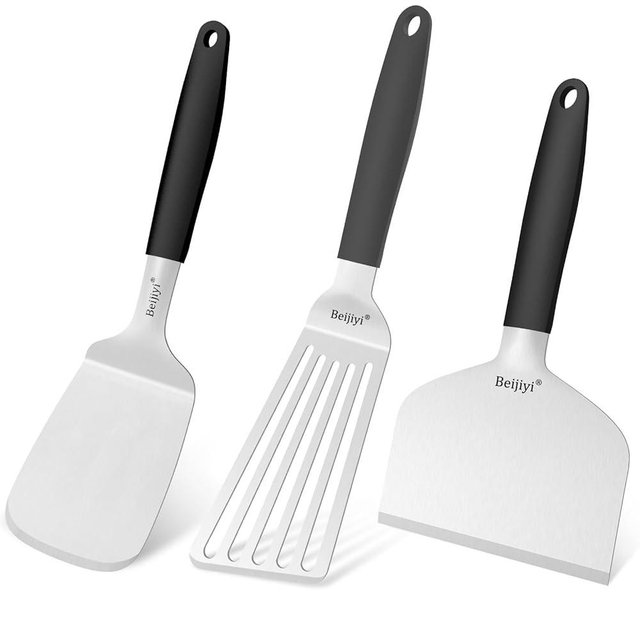 Beijiyi Stainless Steel Spatula Set, Heavy Duty Metal Griddle Spatula and Scraper for Flat Tops, Cast Iron Skillet, Griddle Accessories for Fish, Burgers, Wide Turner, Beveled Edge and Silicone Handle
