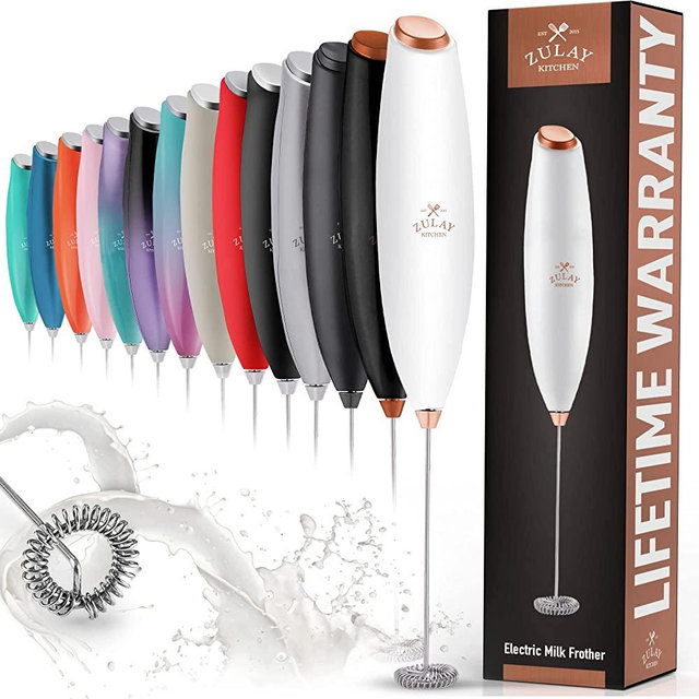 Zulay Powerful Milk Frother for Coffee with Upgraded Titanium Motor - Frother Handheld Electric Whisk, Milk Foamer, Mini Mixer, Handheld Frother for Matcha, No Stand - Exec White with Rose Gold Button