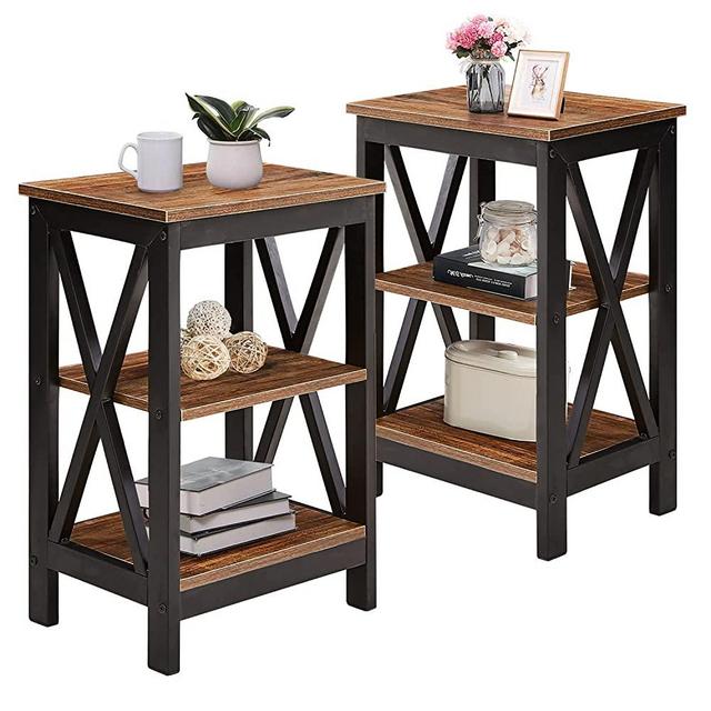 VECELO Versatile Side/End Table with Storage Shelf Nightstands for Living Room,Bedroom Furniture,Brown/Set of 2, Shelves