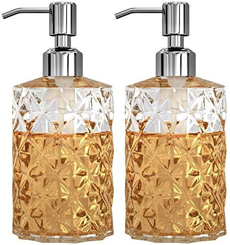 GLADPURE Soap Dispenser - 2 Pack, 12 Oz Clear Diamond Design Glass Refillable Hand Soap Dispensers; with 304 Rust Proof Stainless Steel Pump, Lotion Dispensers for Kitchen, Bathroom