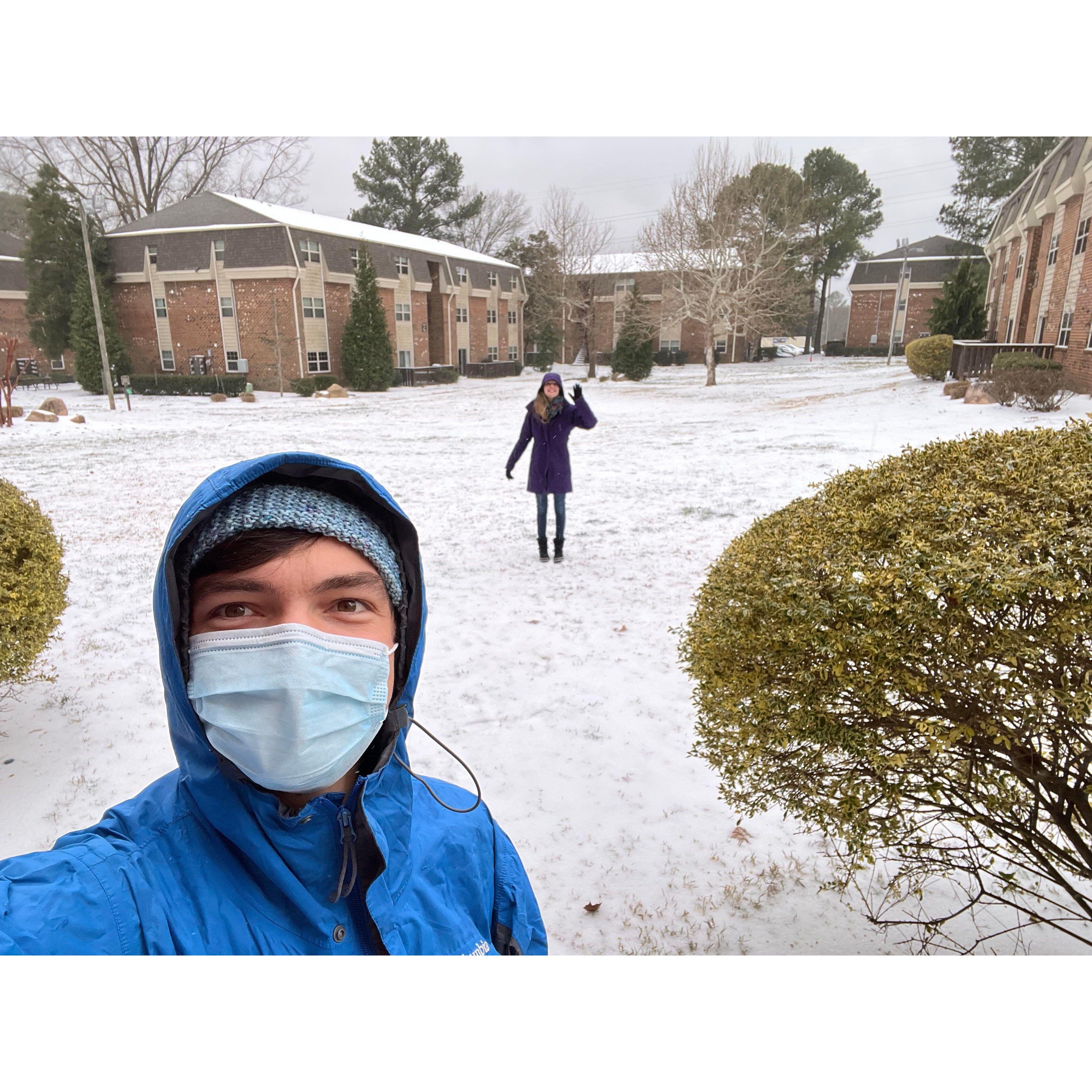 Just a couple in love enjoying a stroll through the snow in Carrboro while masked and 20 feet apart so that Georgie wouldn't get Grant's Covid