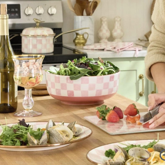 Pink Check Serving Bowl