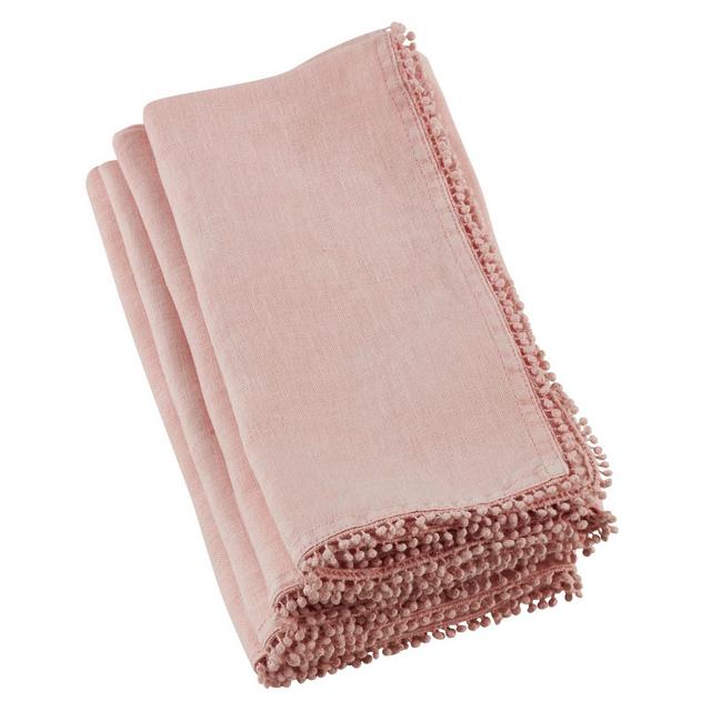 Saro Lifestyle 100% Linen Pompom Design Dinner Table Napkins , Rose, 20" x 20"