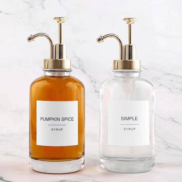 Coffee Bar Accessories - Glass Coffee Syrup Dispenser with 84 Syrup Labels (Set of 2), Fancy Pump Dispenser, 16.9 oz, Gold