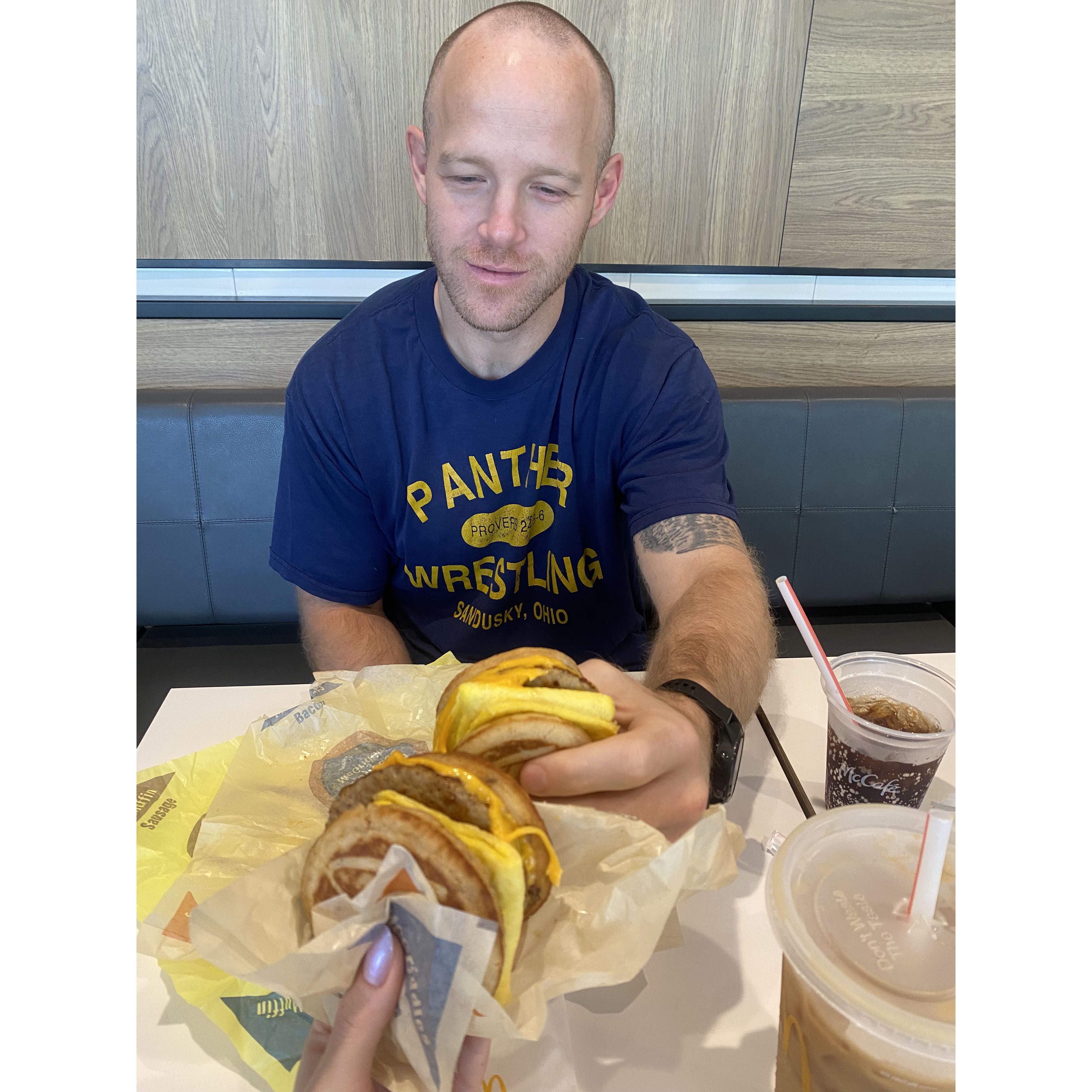 A little secret of ours is we love McDonald's breakfast, specifically the iced coffee (me) and the mcgriddle (him).