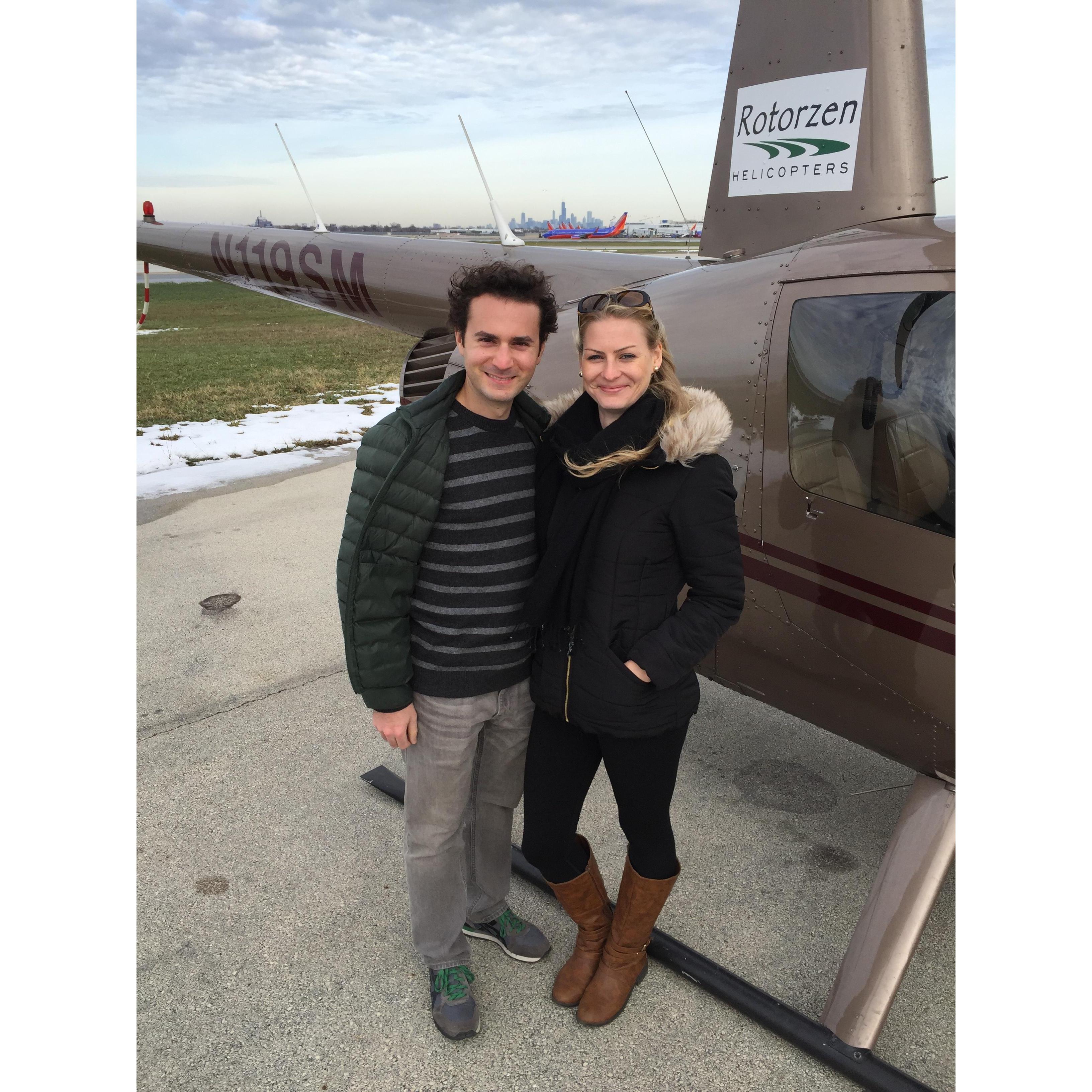 Surprise helicopter ride overlooking Chicago--Matt's gift to Sarah for her 30th birthday in December 2015