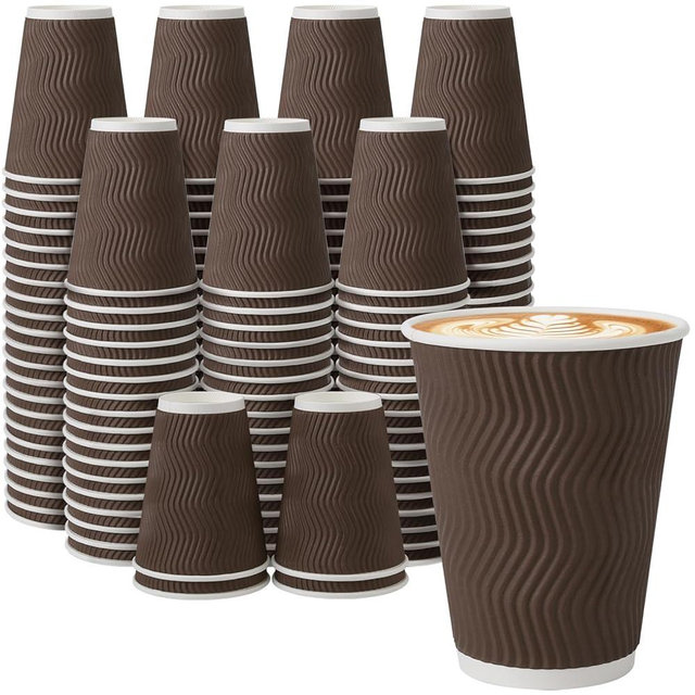 Clawsoff 12 oz Coffee Cups Disposable, 100 Count Insulated Paper Coffee Cups, Corrugated Ripple Wall Design Paper Cup, Hot Cold Drinking Cup for Party, Picnic, Travel, Business, Home