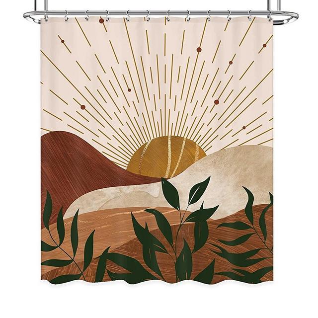 Ufeela Boho Sunrise Shower Curtain 60Wx72L Inch Mid Century Abstract Sun Mountain Shower Curtain Bathroom Set Minimalist Sunset Leaves Modern Vintage Bath Curtain Bathtub Accessories Home Decor