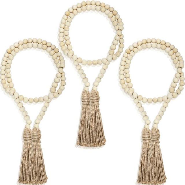 3 Pieces Wood Bead Garlands Rustic Bead Garlands Wooden Garland Beads with Tassels 3.7 Feet Farmhouse Bead Tassel Hanging Garland for Valentine's Day Wedding Home Decoration