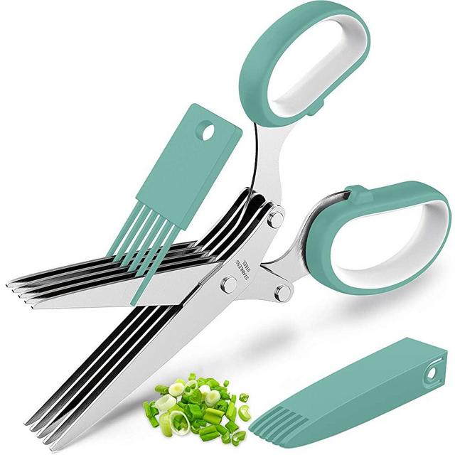 Updated 2020 Herb Scissors Set - Cool Kitchen Gadgets for Cutting Fresh Garden Herbs - Herb Cutter Shears with 5 Blades and Cover, Sharp and Anti-rust Stainless Steel, Dishwasher Safe (Blue-White)