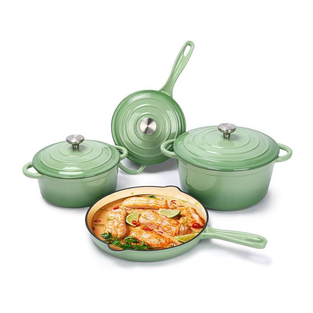 Hisencn Enameled Cast Iron Cookware Set - 7 Piece Set of Dutch Ovens, Sauce Pan, Skillet, 3 Lids, Dutch Oven Set, Ceramic Coated Cast Iron, Gas/Induction Compatible, PFA Free, Pistachio Green