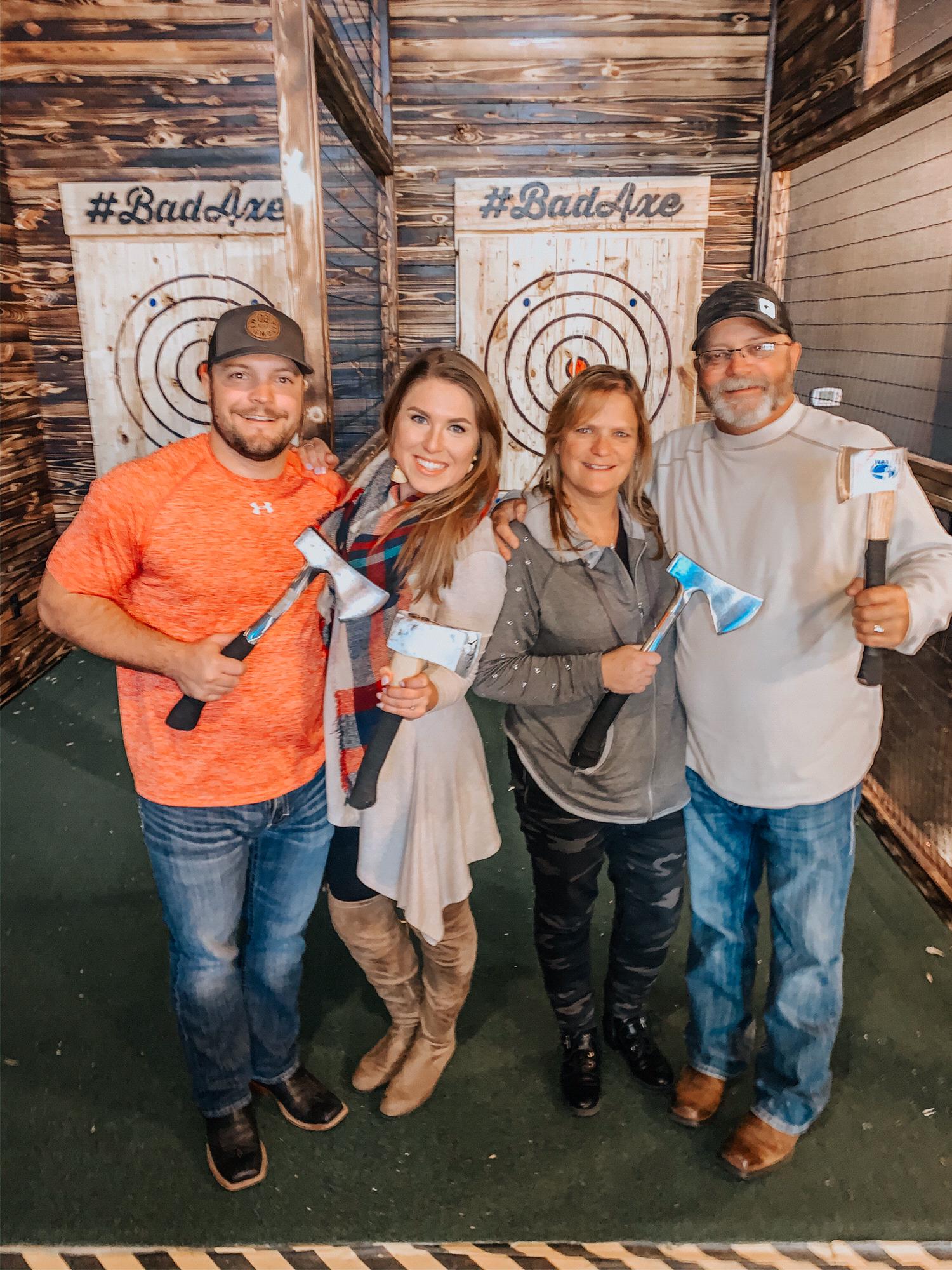 For DJ’s 26th birthday, his parents visited Fort Worth. Everyone practiced their axe throwing skills and—of course—DJ is a natural.