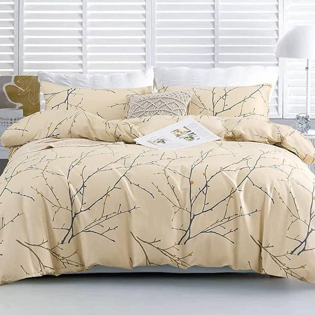 SLEEPBELLA Duvet Cover Queen, 600 Thread Count Cotton Cream Branch Reversible Comforter Cover(Queen, Cream Branch)