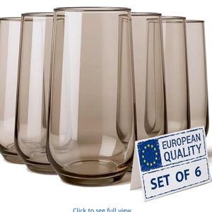 Smokey Sand Drinking Glasses Set of 6 | Translucent Brown Glassware | 16 oz Brown Glass Cups | Highball Drinkware for Cocktails, Long Drink, Mojito, Juice, Soda | Modern Tortoise Drinkware