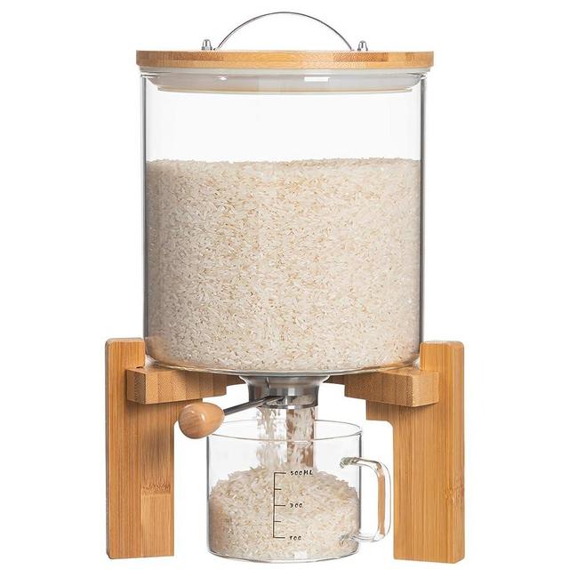 HBlife Glass Rice Dispenser with Wooden Stand Flour and Cereal Container with Glass Measuring Cup Pantry Food Organization Storage Bin with Airtight Bamboo Lid, 5L