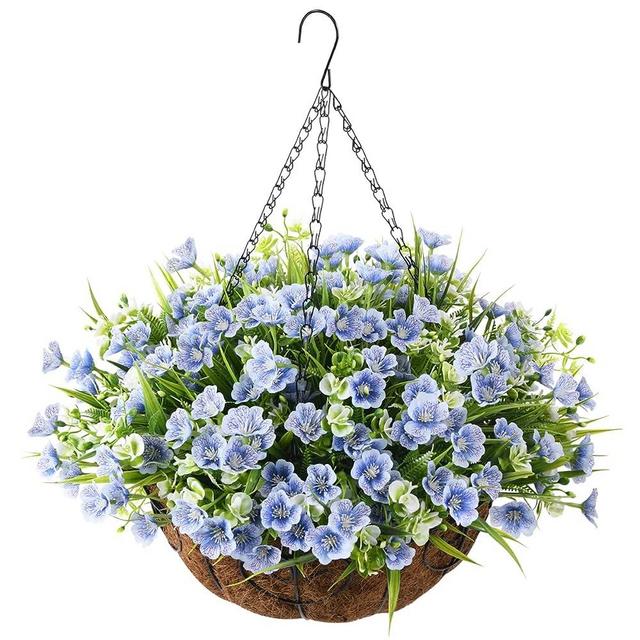 ZFProcess Artificial Silk Flowers in Hanging Basket Outdoor Indoor Patio Lawn Garden Decor, Artificial Plant in Basket, Violet Hanging Basket with 12inch Coconut Lining Chain Palm Flowerpot (Blue)