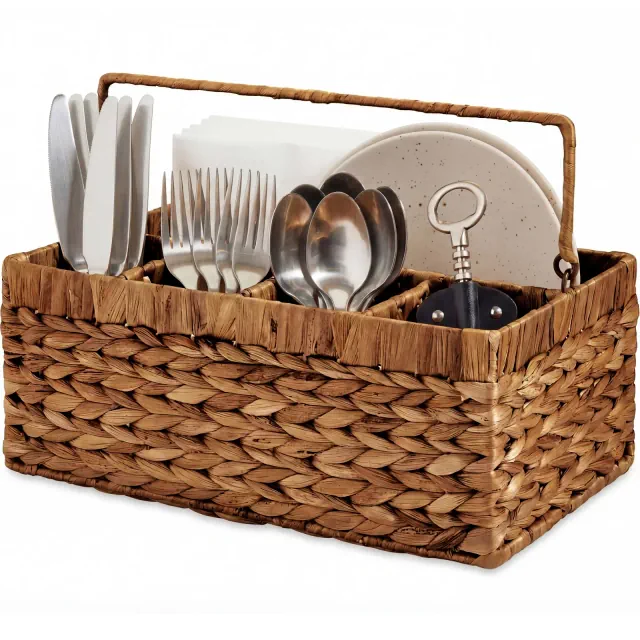 Best Choice Products Utensil Caddy w/Handle - 5 Compartments, Wicker Utensil Silverware Flatware Organizer - Chestnut
