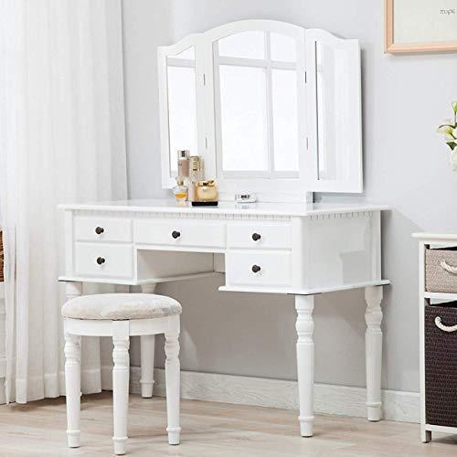 Mecor Dressing Table Tri Folding Mirror, Vanity Table Set Stool/5 Drawer,White (White)