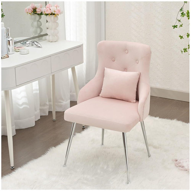 UDAX Velvet Vanity Dining Chairs, Upholstered Makeup Accent Reading Chair, Office Desk Vanity Stool Chairs with Metal Legs for Kitchen, Bedroom, Living Room, Pink