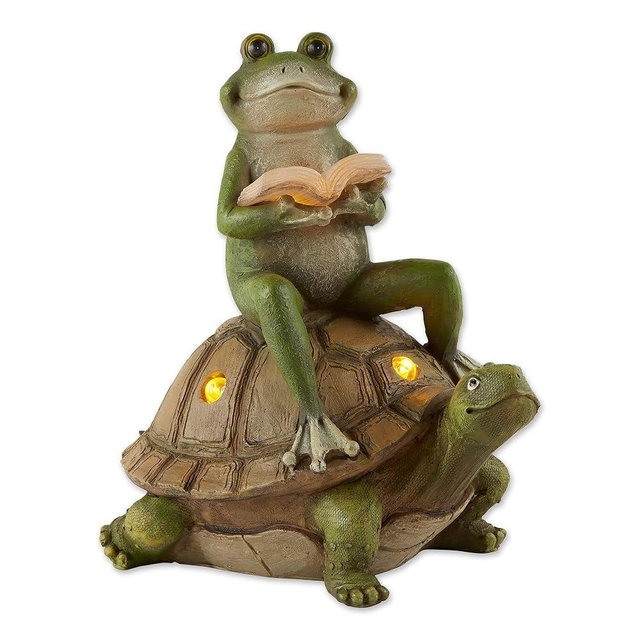 Zingz & Thingz Day & Night Garden Décor Solar Statue Figurine, 10.5x7x11, Frog and Turtle
