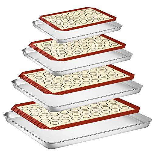 Baking Sheet with Silicone Baking Mat, Set of 8 (4 Sheets + 4 Baking Mats), Fungun Stainless Steel Cookie Sheet Baking Pan with Silicone Mat, Non Toxic & Heavy Duty & Easy Clean