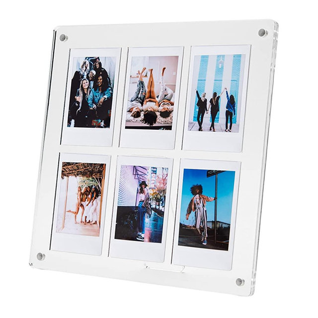 The Happy Frame 8x8 Acrylic Photo Frame with Instax Mini Display, Magnetic Back and Stand, Frameless Picture Holder for Desk, Mantle or Kitchen Fits Photographs, Postcards or Keepsakes