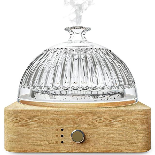 Glass Essential Oil Diffuser with Wood Base& Glass Reservoir, 200ml Ultrasonic Air Diffusers for Large Room Plastic Free Aroma Vaporizer with Timer 7 Color Light Waterless Auto Off for Home Office