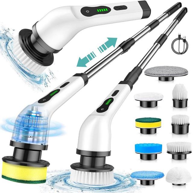Electric Spin Scrubber, Cordless Cleaning Brush, Shower Scrubber with 9 Brush Heads 2H Power Dual Speed, Adjustable Extension Handle, IPX7 Waterproof for Tub Tile Floor Car, White-BF86