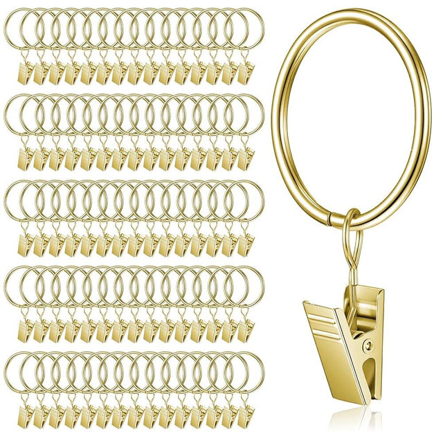 IANFAN 100 Pack Gold Curtain Rings with Clips, Curtain Clip Rings Heavy Duty Drapery Ring Decorative Curtains Rod Clips for Hanging Drapes Bows Hat, 1.26" Interior Diameter, Fits up to 1" Rods