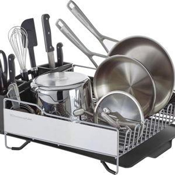 KitchenAid Large Capacity Full Size Rust Resistant Dish Rack with Angled Drain Board and Removable Flatware Caddy, Light Grey