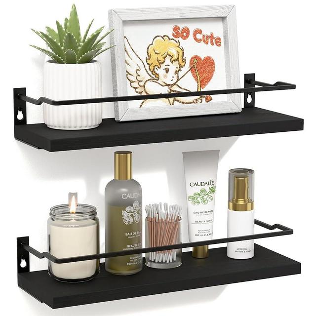 RICHER HOUSE Black Bathroom Shelves, Guard-Rail Floating Wall Shelf for Bathroom Decor, Small Wall Mounted Wood Shelves, Bathroom Wall Organizer Over Toilet Storage, Kitchen Shelves Set of 2 - Black