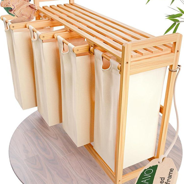 AMBIAVO Laundry Sorter with 4 Sections beige, Laundry Hamper with Removable Cotton Bags & Wheels – Perfect Laundry Organizer - Eco-Friendly Rolling Laundry Basket – Durable Bamboo and Stylish Design