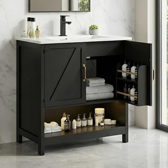 Naturoasis 30" Bathroom Vanity with Sink, Black Freestanding Vanity for Small Bathrooms, Solid Metal Hinges, Door Organizer, RGB LED Light, Plumbing Clearance Shelf